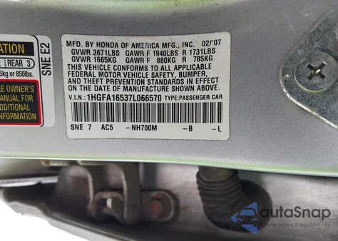 2007 Honda Civic Lx z USA, uszkodzony, nr VIN 1HGFA16537L066570